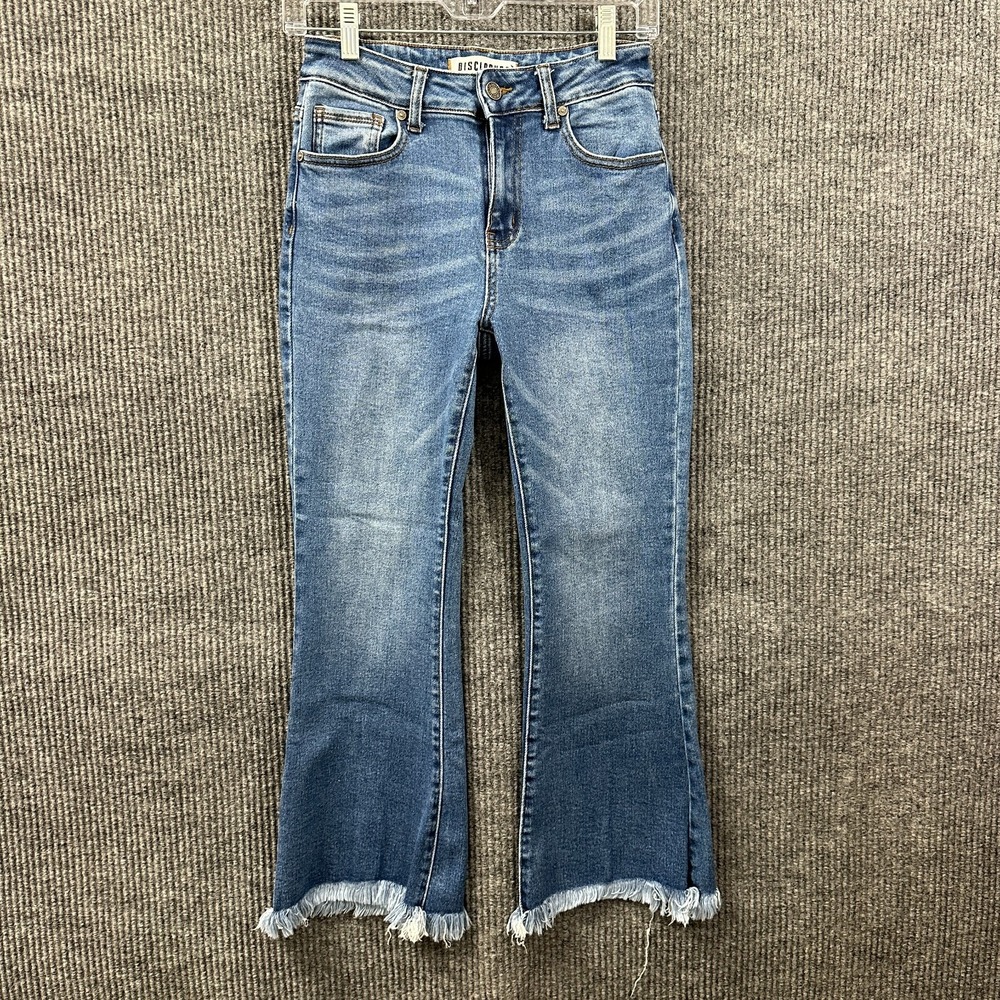 Disclosure Womens Flared Jeans Junior Size 5/27 Blue Denim Fringe Hem Mid Rise